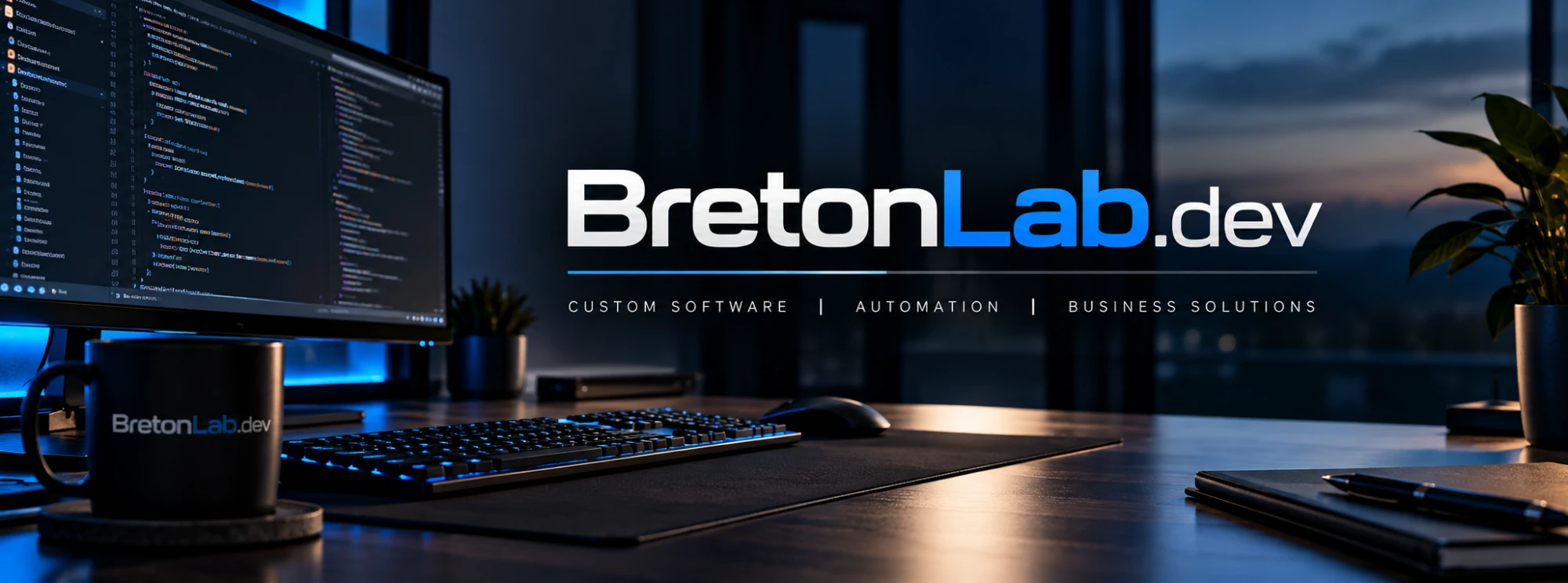 BretonLab.dev workspace: a coding monitor and branded mug on a desk at dusk